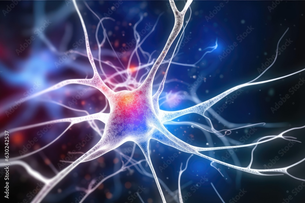 Neuron system, 3D illustration of a neuron on colorful background.
