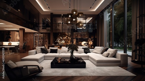 Luxury black house interior and white tone sofa. Generative AI