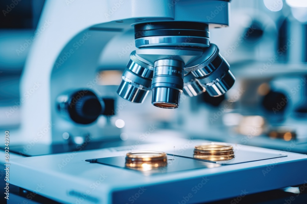 Scientist analyzing microscope slide, Microscope In A Scientific Research Laboratory. Scientist analyzing microscope slide, Microscope In A Scientific Research Laboratory.