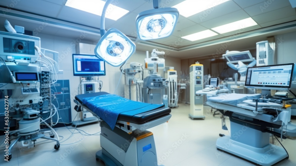 Examination room in a hospital or clinic with diagnostic imaging equipment used to visualize the arteries of the heart, Operating room with modern equipment.