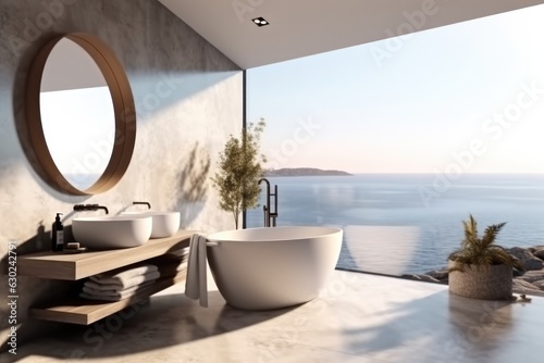 Modern minimalist bathroom design with sea view.