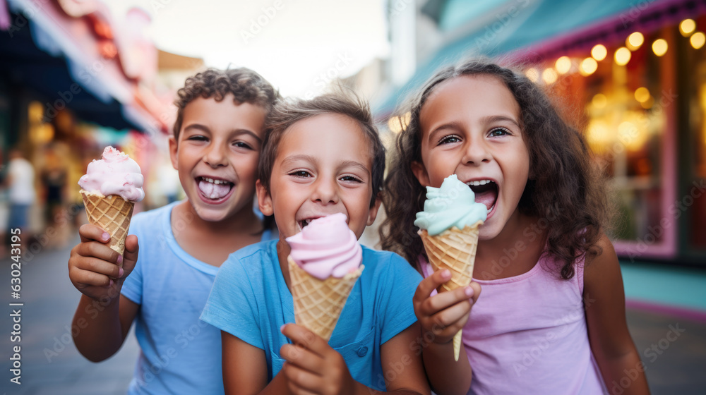 A group of little boys and little girls are eating ice cream while playing together on a street with an ice cream shop. Generative AI