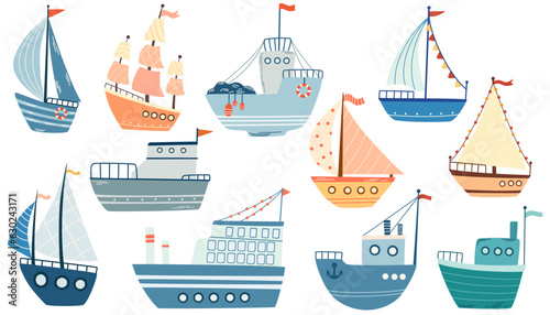 Ships Set. Fishing boat, sailboat, Sailing vessel, sea mode of transport. Children's illustration for design of children's rooms, clothing, textiles. Vector hand draw illustration isolated 