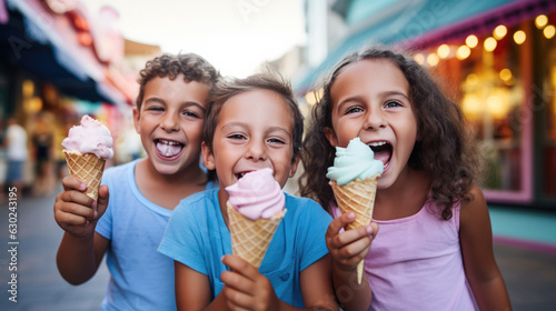 A group of little boys and little girls are eating ice cream while playing together on a street with an ice cream shop. Generative AI