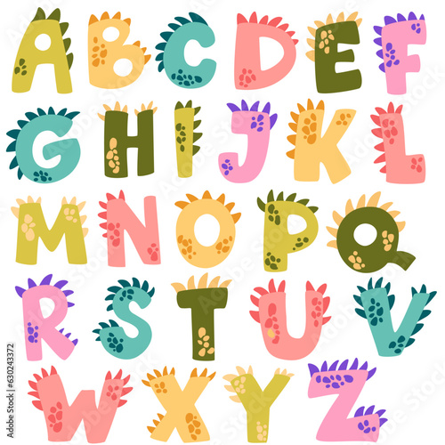 Dino Alphabet. Vector funny comic Cartoon dino font. Bright modern illustration for kids, nursery, poster, cards, birthday party, packaging paper design. Alphabet dinosaur, abc kids letter typography photo