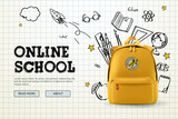 Back to school, online school banner, poster. Yellow backpack with school supplies on the background of a checkered paper with different doodle scientific icons. Vector illustration