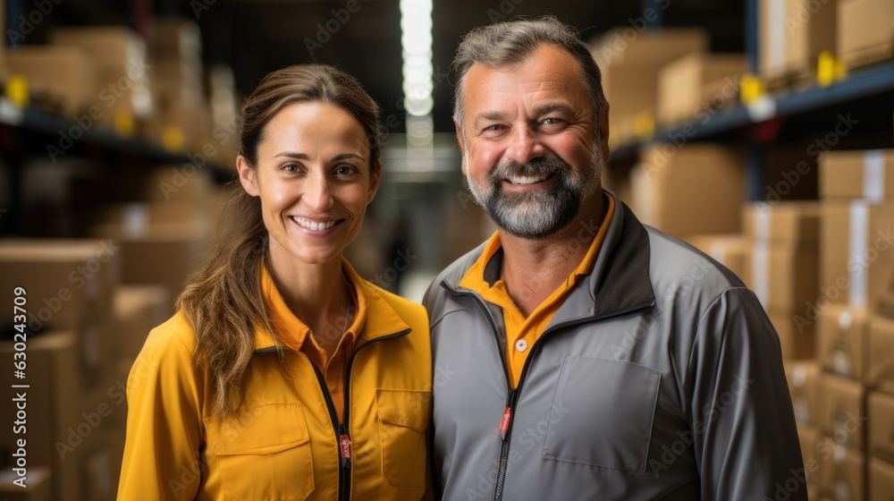 delivery man in warehouse Delivery man holding parcel box looking at camera with work team behind delivery man in warehouse Delivery man holding parcel box looking at camera with work team behind