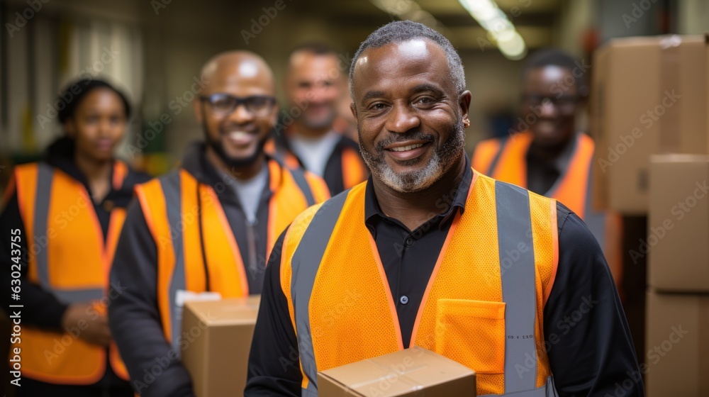 delivery man in warehouse Delivery man holding parcel box looking at camera with work team behind