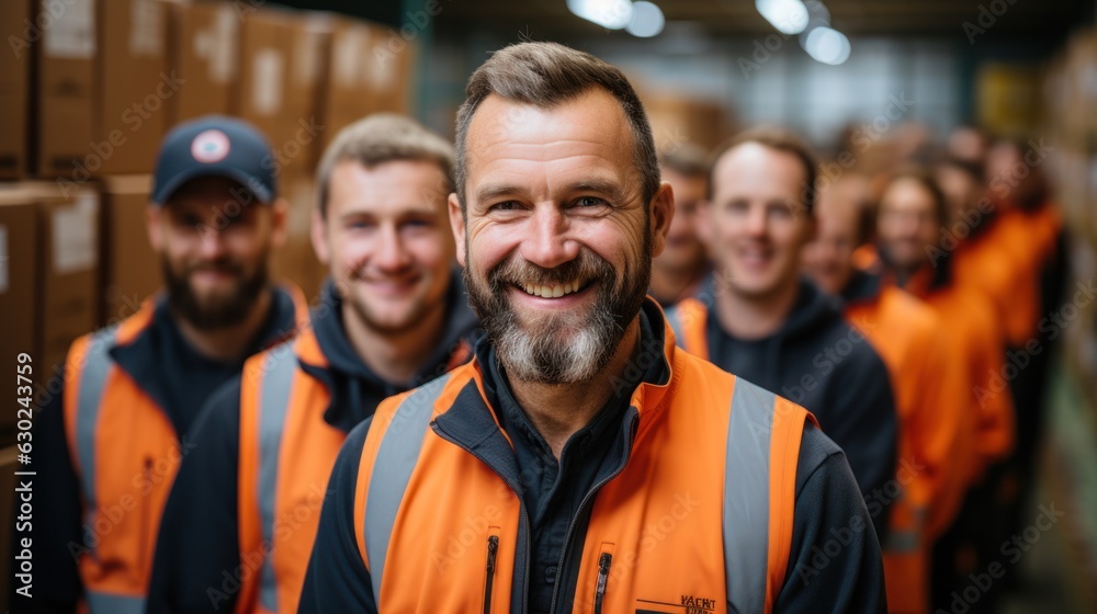 Fototapeta premium delivery man in warehouse Delivery man holding parcel box looking at camera with work team behind