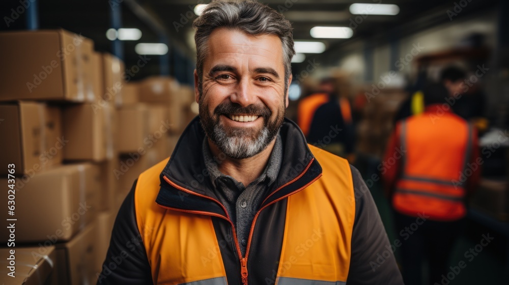 delivery man in warehouse Delivery man holding parcel box looking at camera with work team behind