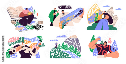 Language learning concept set. Foreign people study English, French, Spanish on linguistic course for self education. Exchange student at school, college, university. Flat isolated vector illustration