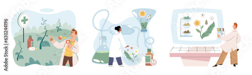 Herbal oils natural medicines. Scientist or doctor making alternative medicine herb, mortar, laboratory glassware plant in tube, flower. Doctor checking medicinal herbs. Herbal medicine. Drug research