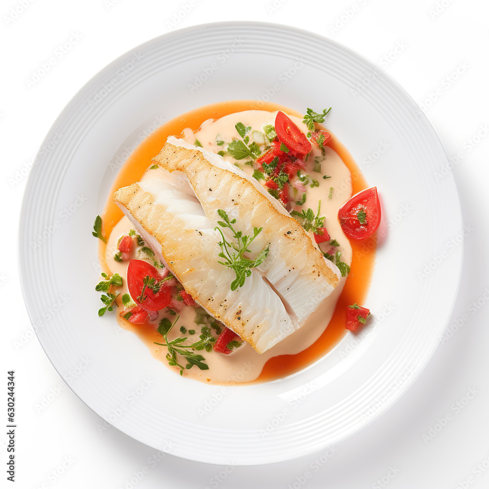 Fillet of brill in lobster sauce on white background AI Generative Fillet of brill in lobster sauce on white background AI Generative