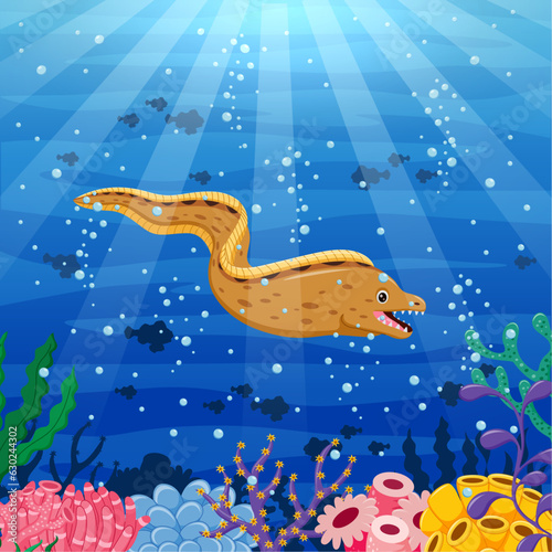 Cartoon moray eel with beautiful underwater world. Vector illustration