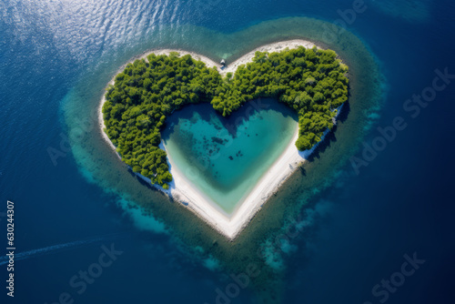 Aerial top down view image of an island in form of heart in middle of beautiful waters © Keitma