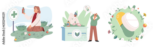 Homeopathy and herbal remedies set. Medical research laboratory diagnostics. Homeopathic treatment and phytotherapy. Traditional herb recipes of alternative medicine. Medicine pharmacy. Herbal pills