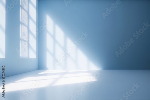Light blue empty wall and smooth floor with interesting light glare. Background for the presentation, Generative AI