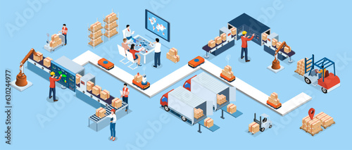 3D isometric automated warehouse robots and Smart warehouse technology Concept with Warehouse Automation System and Autonomous Robot Transportation operation service. Vector illustration EPS 10