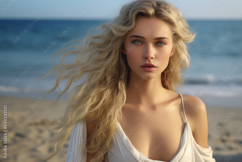 Beautiful gorgeous Nordic blonde haired blue eyed teenager girl as an ancient Greek priestess with long flowing blonde hair and beach background