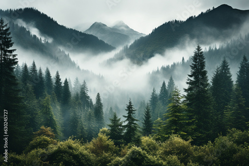 Fotografia mountain forest, with towering trees and white clouds adorning the sky, a sense