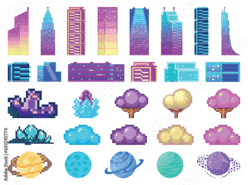 Neon buildings, street plants and planets, pixelated isolated elements of night city landscape. 8-bit pixel icon high building, bushes and trees in vector illustrations for game assets and web icons