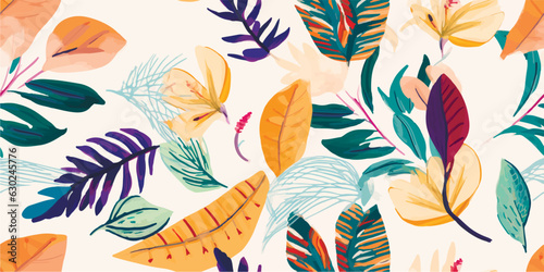 Modern exotic jungle plants illustration pattern. Creative collage contemporary seamless pattern. Fashionable template for design