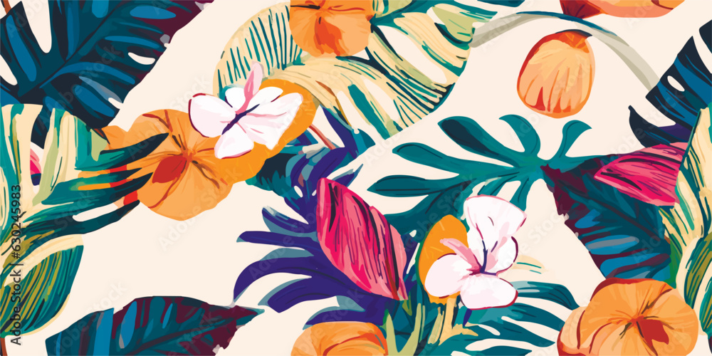 Fototapeta premium Modern exotic jungle plants illustration pattern. Creative collage contemporary seamless pattern. Fashionable template for design