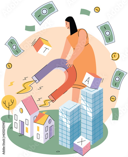 Business woman holding big magnet and attracting money. Investment attraction concept. Income from real estate. Financial goals achievement. Cash deposit and bank employee. Real property trading