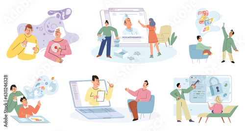 Counselling assistance of a psychologist. Patients problem. Psychologist has an individual meeting with her patient. Psychotherapists, psychologists work with mental health of clients, patients