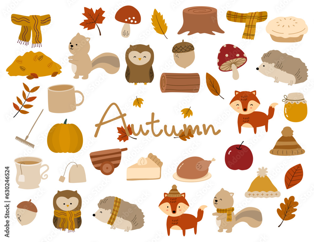Cute Autumn hand drawn vector element collection.