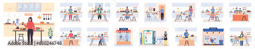 People cooking vegetarian food. Vector illustration. Set of male and female characters cooking on kitchen. Vegetables, fruits, green tea, smoothies and salads. Girl prepare dinner cutting vegetables