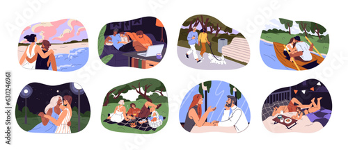 Romantic couple set. Homosexual and heterosexual relationships. Gays, lesbians, men, women spend time together, love, hug, kiss, dance, walk, cuddle on date. Flat isolated vector illustration on white