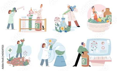 Herbal oils natural medicines. Scientist or doctor making alternative medicine herb, mortar, laboratory glassware plant in tube, flower. Doctor checking medicinal herbs. Herbal medicine. Drug research