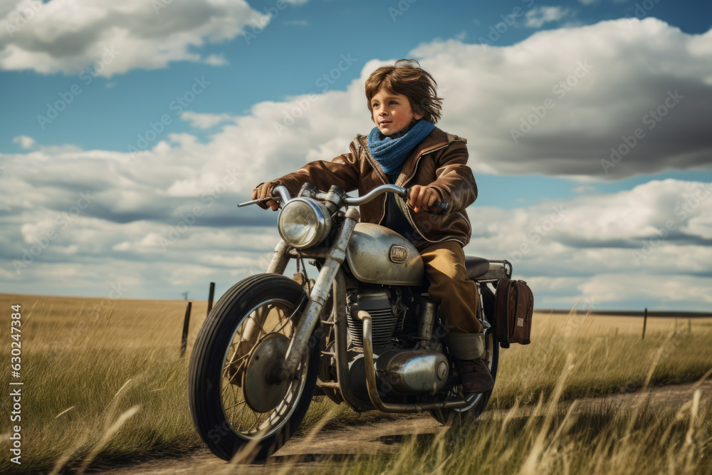 Obraz premium Boy wearing a brown leather coat riding a motorcycle across the meadows