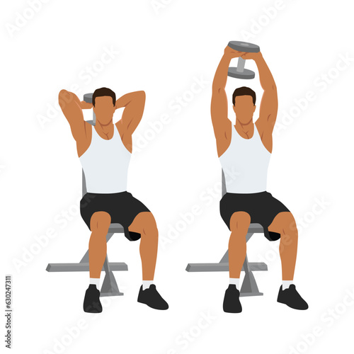 Man doing Seated tricep press. overhead extensions exercise. Flat vector illustration isolated on white background