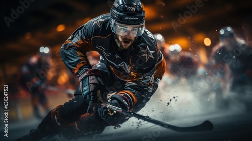 Ice hockey players in a great ice arena Ice Hockey Rink Arena: Professional players shoot ducks with a hockey stick. Focus on 3D Flying Puck with Blur Motion Effect. photo