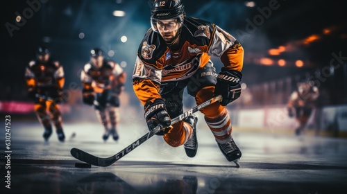 Ice hockey players in a great ice arena Ice Hockey Rink Arena: Professional players shoot ducks with a hockey stick. Focus on 3D Flying Puck with Blur Motion Effect.