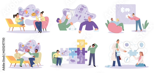 Psychologist and patient with tangled and untangled mind metaphor, doctor solving psychological problems couch consultation, mental health. Online ai therapy. Mental therapy sessions game. Life puzzle