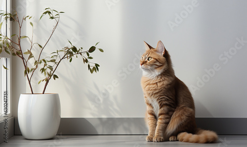 Cute orange red cat sitting on grey floor in living room,watching trough the window.Modern stylish room with sun, copy space