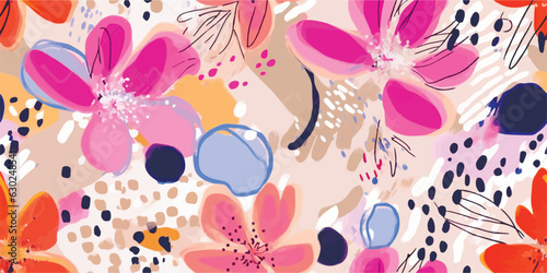Trendy floral artistic illustration pattern. Creative collage with shapes. Seamless pattern. Fashionable template for design