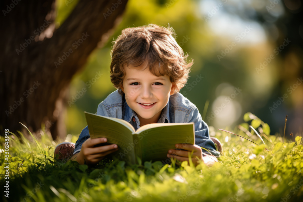 Boy kid reading a book lying down in the grass Boy kid reading a book lying down in the grass