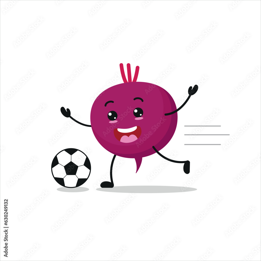 Cute and funny beet play football. Vegetable doing fitness or sports exercises. Happy character soccer working out vector illustration. Cute and funny beet play football. Vegetable doing fitness or sports exercises. Happy character soccer working out vector illustration.