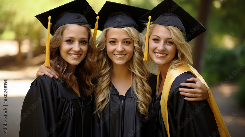 College graduation photo of 3 beautiful american student girls wearing traditional regalia College graduation photo of 3 beautiful american student girls wearing traditional regalia