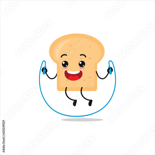 Cute and funny bread doing jumping rope. bakery doing fitness or sports exercises. Happy character working out vector illustration.