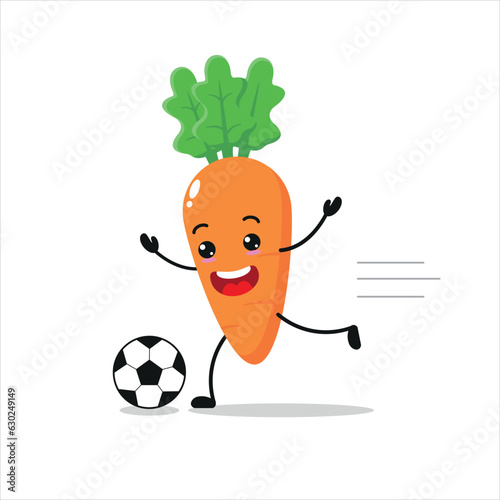 Cute and funny carrot play football. Vegetable doing fitness or sports exercises. Happy character soccer working out vector illustration.