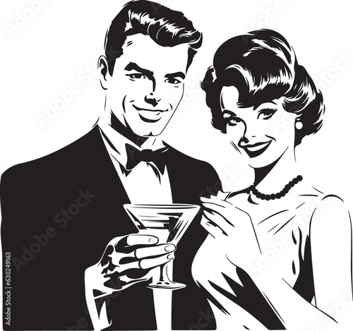 Hand-drawn Retro man and woman hold cocktail , Retro comics, American cartoon comic books and pulp novels black vector on a white background, illustration, vector, SVG