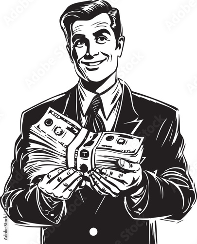 Hand-drawn Retro man hold money , Retro comics, American cartoon comic books and pulp novels black vector on a white background, illustration, vector, SVG