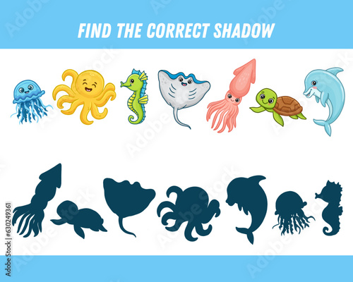 Find correct shadow of sea animals. Dolphin  octopus  sea horse  sea       turtle  squid  stingray  jellyfish. Educational logical game for kids. Cartoon animals. Vector 