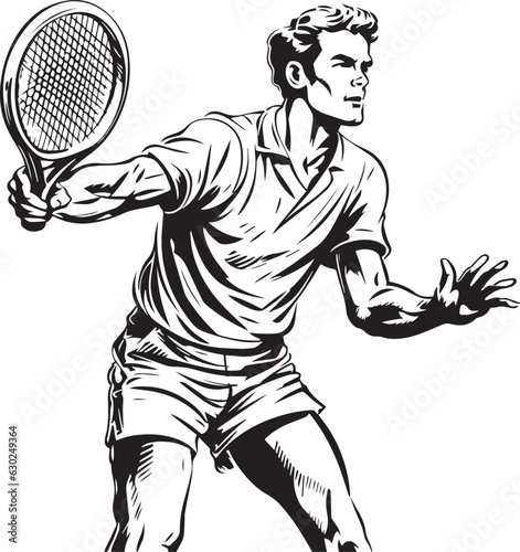 Hand-drawn Retro Man play tennis, Retro comics, American cartoon comic books and pulp novels black vector on a white background, illustration, vector, SVG