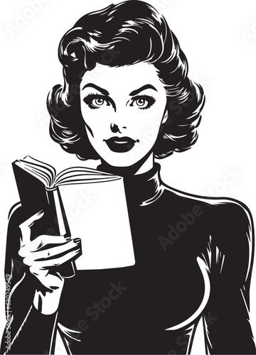 Hand-drawn Retro woman read book , Retro comics, American cartoon comic books and pulp novels black vector on a white background, illustration, vector, SVG